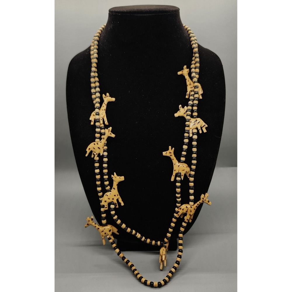 Safari Wooden Giraffe Beaded Necklace Long Multi-Strand Animal Charm Folk Art